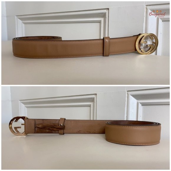 Authentic Gucci Beige Calfskin Leather Gold Interlocking G Buckle Belt 95/38 - Picture 10 of 13